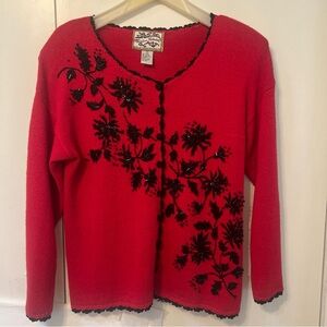 Heirloom Collection Red Embroidered Cardigan Sweater Womens Sm VTG Cottagecore